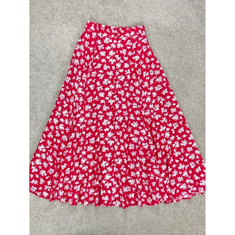 Kathie Lee Floral Print Button Up Maxi Skirt Womens 6 Red White Cottagecore Chic